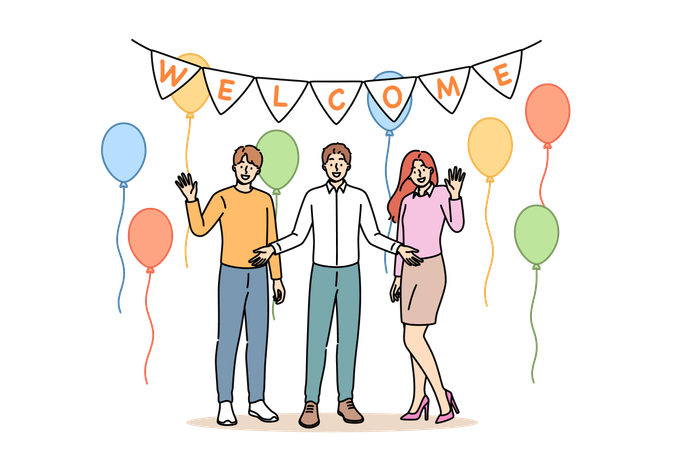 Fête de bienvenue d'une famille heureuse accueillant des amis dans un nouvel appartement avec des ballons pour célébrer le déménagement  Illustration