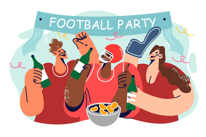 Fête de football avec un groupe de personnes buvant de la bière et mangeant de la pizza tout en encourageant l'équipe universitaire  Illustration