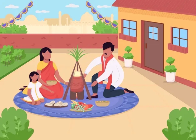 Famille indienne célébrant le festival  Illustration