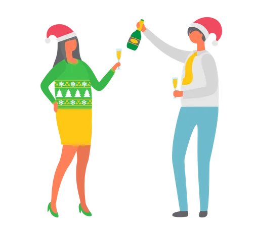 Fête de Noël, couple buvant de l'alcool champagne  Illustration