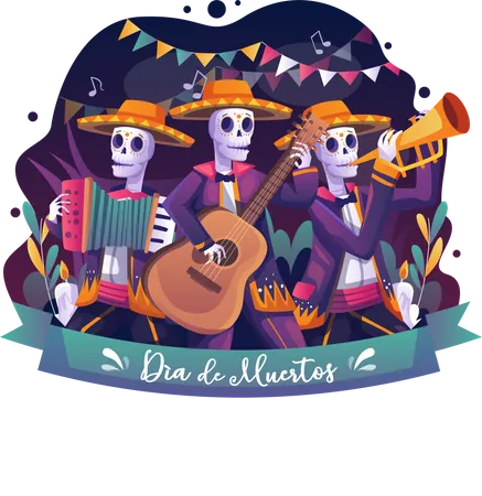Musiciens Squelettes Jouant De La Musique Le Jour Des Morts Halloween Traditionnel Mexicain Dia De Los Muertos Holiday Illustration Vectorielle Illustration
