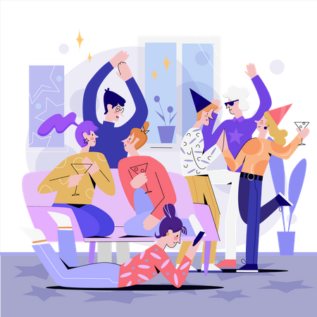 Fête entre amis à la maison  Illustration