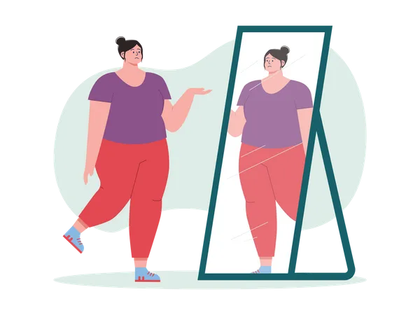 Übergewichtige Frau fühlt sich traurig, während sie in den Spiegel schaut  Illustration