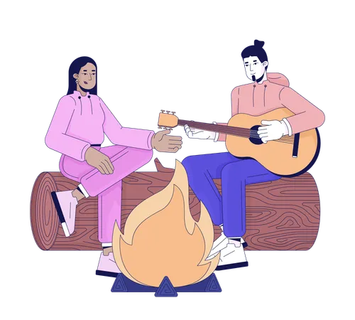 Amis jouant de la guitare sur un feu de camp  Illustration