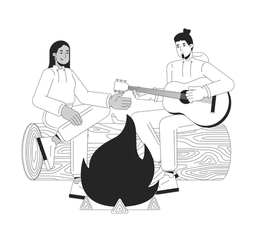 Amis jouant de la guitare sur un feu de camp  Illustration