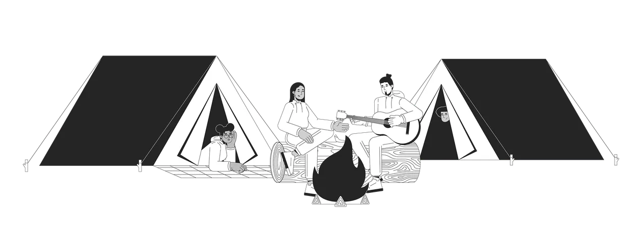 Tentes de camping amis feu de joie  Illustration