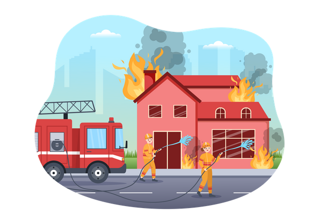 Feuer Feuerwehrleute löschen zu Hause  Illustration