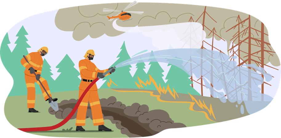 Feuerwehrleute bekämpfen Waldbrand  Illustration