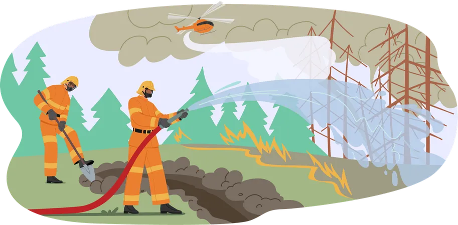 Feuerwehrleute bekämpfen Waldbrand  Illustration