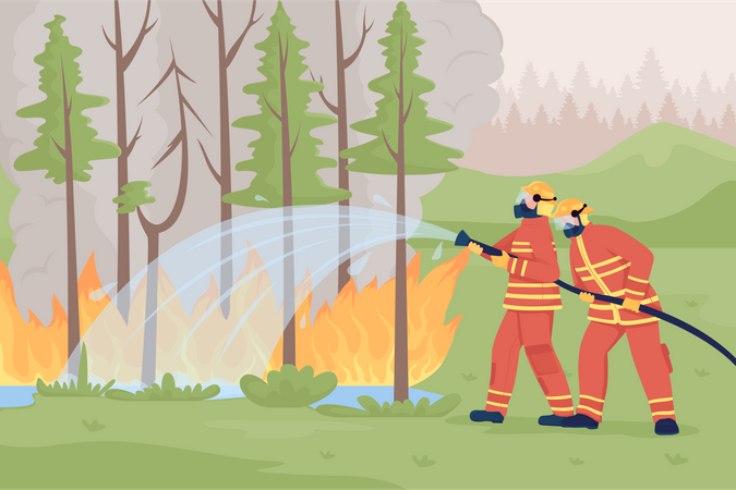 Feuerwehrleute löschen Waldbrände  Illustration