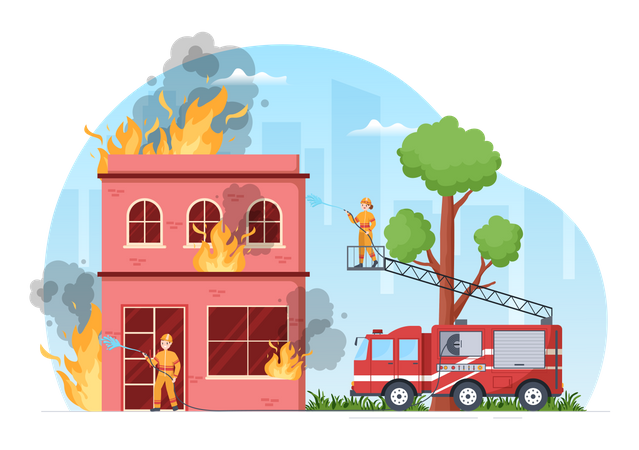 Feuerwehrleute löschen brennendes Haus  Illustration
