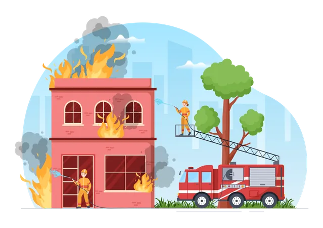Feuerwehrleute löschen brennendes Haus  Illustration