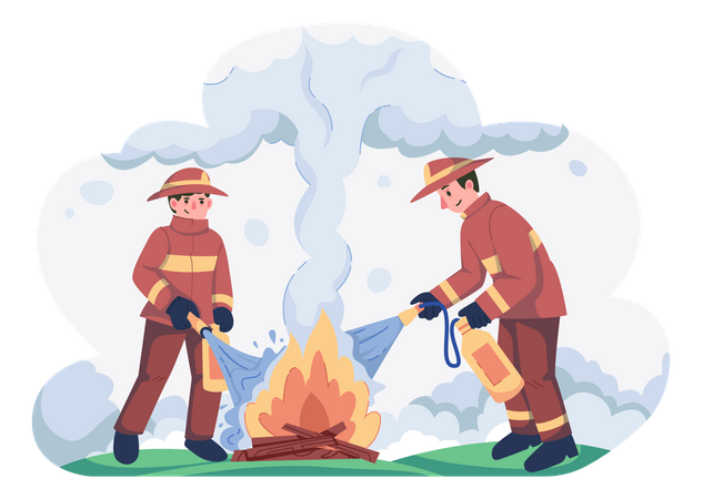 Feuerwehrleute löschen Feuer mit Feuerlöscher  Illustration