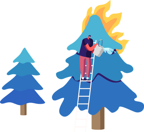 Feuerwehrmann gießt Eimer mit Wasser zum Bewässern einer brennenden Tanne im Wald  Illustration