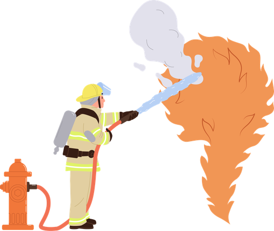 Feuerwehrmann in Uniform löscht Feuer mit Hydranten  Illustration