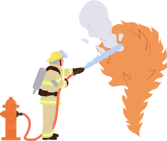 Feuerwehrmann in Uniform löscht Feuer mit Hydranten  Illustration