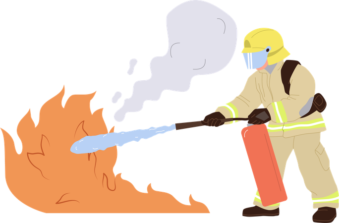 Feuerwehrmann in Uniform mit Feuerlöscher beim Löschen eines Feuers  Illustration