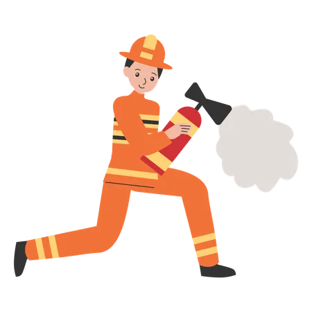 Feuerwehrmann läuft mit Feuerlöscher  Illustration