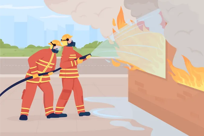 Feuerwehrmann löscht Gebäudebrand  Illustration