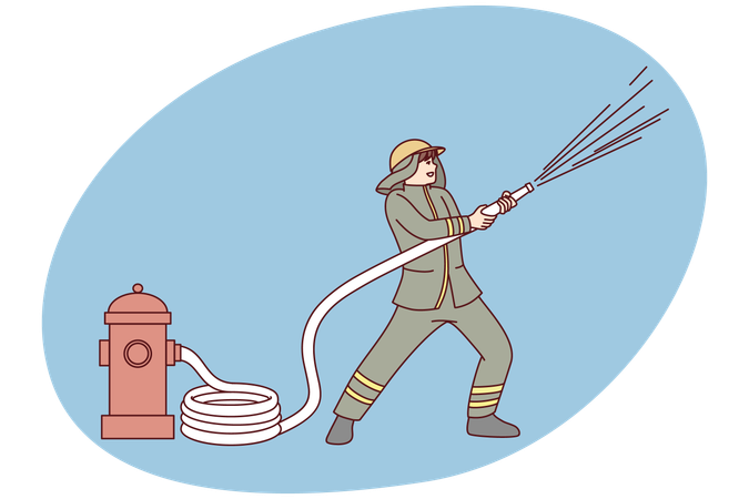 Feuerwehrmann mit Schlauch bei der Arbeit auf der Baustelle  Illustration