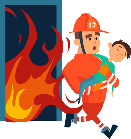 Feuerwehrmann rettet kleines Kind aus Feuer  Illustration