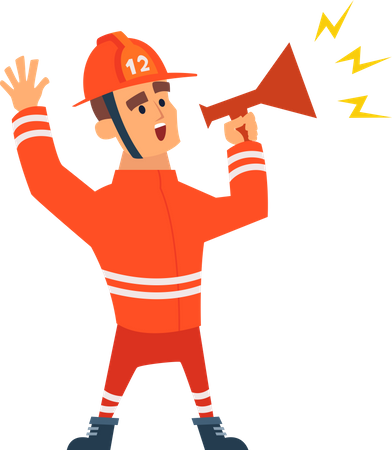Feuerwehrmann verkündet durch Megafon  Illustration
