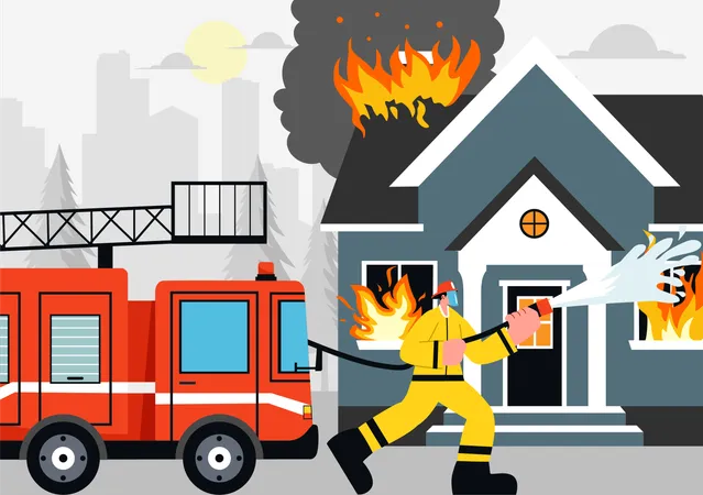 Feuerwehrmann sprüht Wasser auf brennendes Haus  Illustration