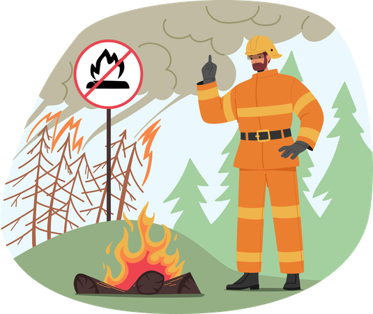 Feuerwehrmann steht neben Brandgefahr Warnschild im Wald  Illustration