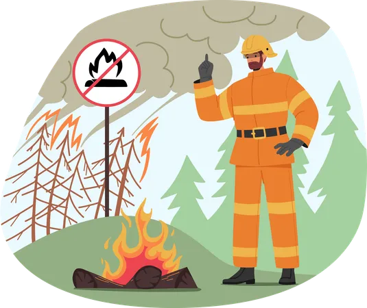 Feuerwehrmann steht neben Brandgefahr Warnschild im Wald  Illustration