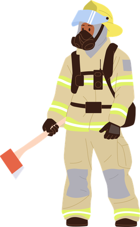 Feuerwehrmann trägt Schutzanzug mit Helm und Maske und hält Axt  Illustration