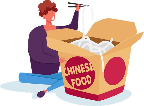 Hombre comiendo fideos de una tienda de comida china  Ilustración