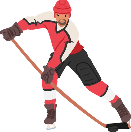 Determined Hockey Player Skates Fiercely Across The Ice Stick In Hand Clad In A Vibrant Jersey And Protective Gear Chasing Victory With Unmatched Skill And Tenacity Cartoon Vector Illustration 일러스트레이션