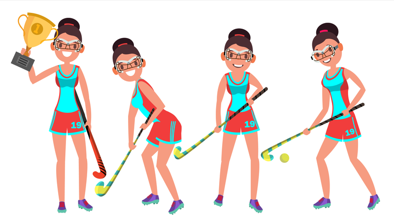 Field Hockey Female Player Vector. Playing Field Hockey In Different Poses. Woman. Battle For Control Of Ball. Isolated On White Cartoon Character Illustration Illustration