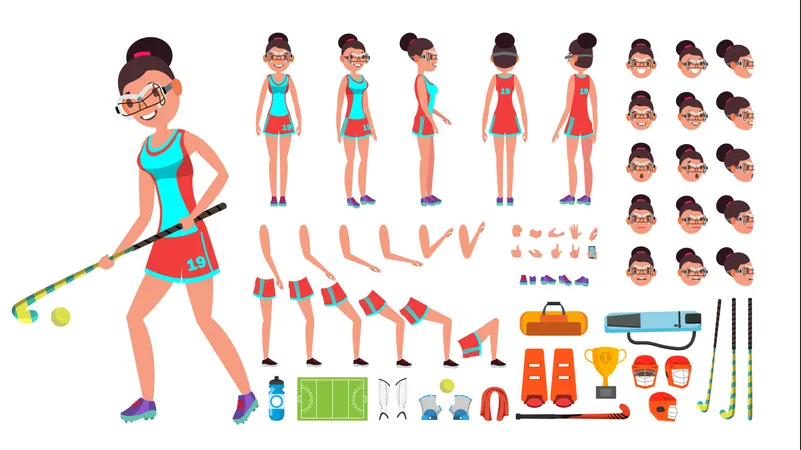 Field Hockey Player Female Vector. Animated Character Creation Set. Full Length, Front, Side, Back View, Accessories, Poses, Face Emotions, Gestures. Isolated Flat Cartoon Illustration  Illustration