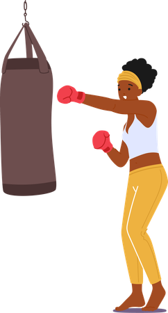 Fierce And Determined Woman Boxer Training With Punching Bag  Illustration