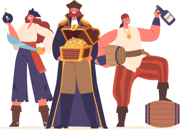 Fierce Pirate Crew Male and Female Characters With Ragged Attire  Illustration