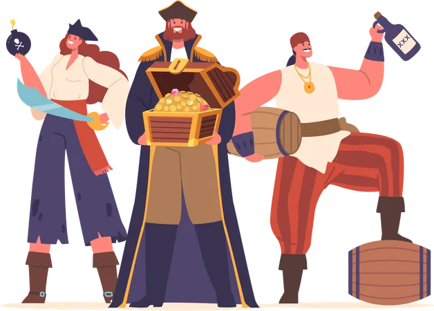 Fierce Pirate Crew Male And Female Characters With Ragged Attire Chest With Gold Bomb Rum And Swords Ready For High Seas Adventure And Treasure Hunting Cartoon People Vector Illustration Illustration
