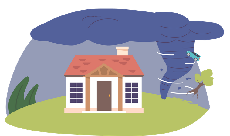 Fierce tornado approaches cottage  Illustration