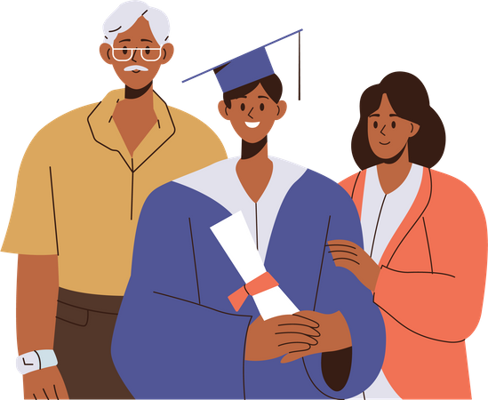 Fière famille heureuse et joyeux fils étudiant diplômé debout ensemble  Illustration