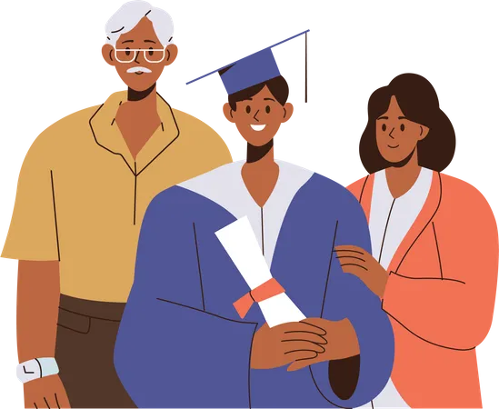 Fière famille heureuse et joyeux fils étudiant diplômé debout ensemble  Illustration