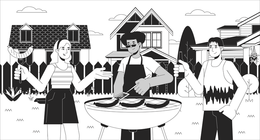 Fiesta de barbacoa con vecinos.  Ilustración