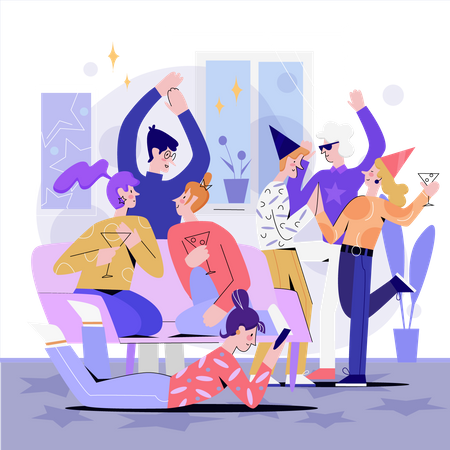 Amigos en fiesta en casa  Ilustración