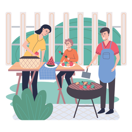 Familia haciendo fiesta de barbacoa  Ilustración