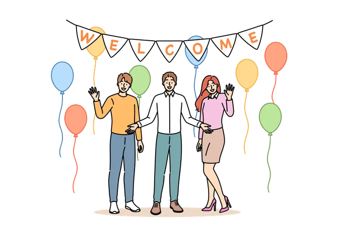 Fiesta de bienvenida de una familia feliz que da la bienvenida a amigos al nuevo apartamento con globos para celebrar la mudanza  Ilustración