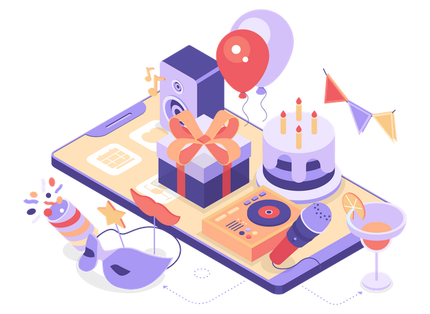 Fiesta de cumpleaños en línea  Ilustración