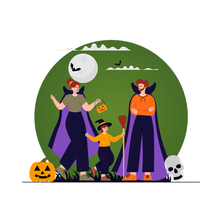 Familia haciendo fiesta de disfraces de Halloween  Ilustración
