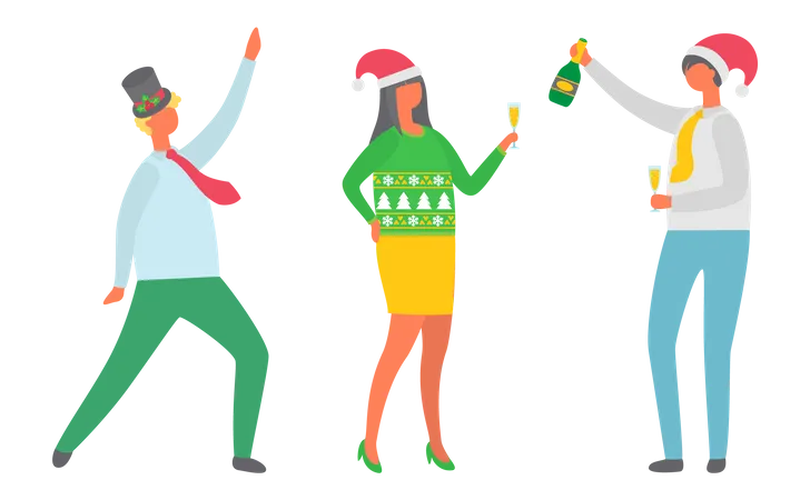 Fiesta de Navidad de gente amigos bailando juntos  Ilustración