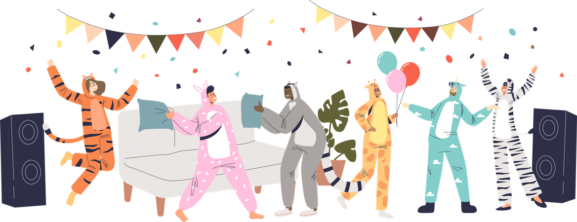 Fiesta de pijamas con personas vestidas con kigurumi bailando juntas  Ilustración