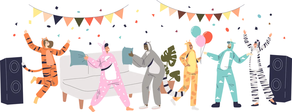 Fiesta de pijamas con personas vestidas con kigurumi bailando juntas  Ilustración