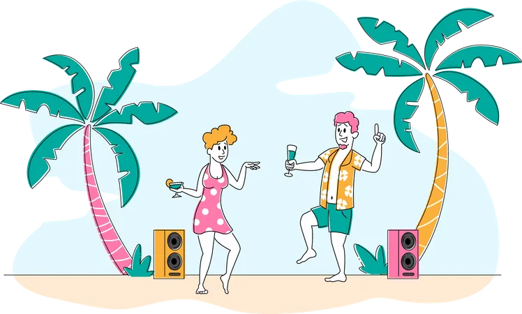 Fiesta en la playa en un exótico resort tropical  Ilustración